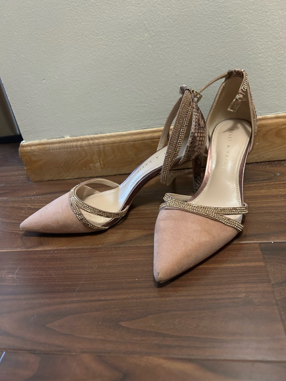 Kelly & Katie Blush Pink Pointed-Toe Rhinestone Ankle-Strap Heels